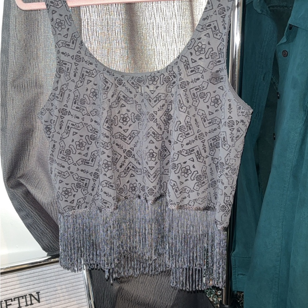 Gray Patterned Fringe Top